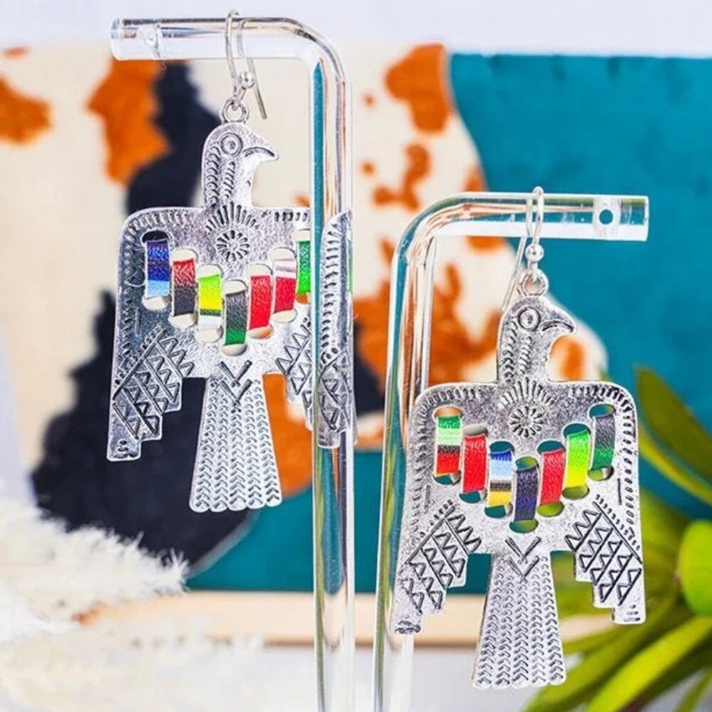 Multicolor Stitched Western Southwest Etched Firebird Earrings